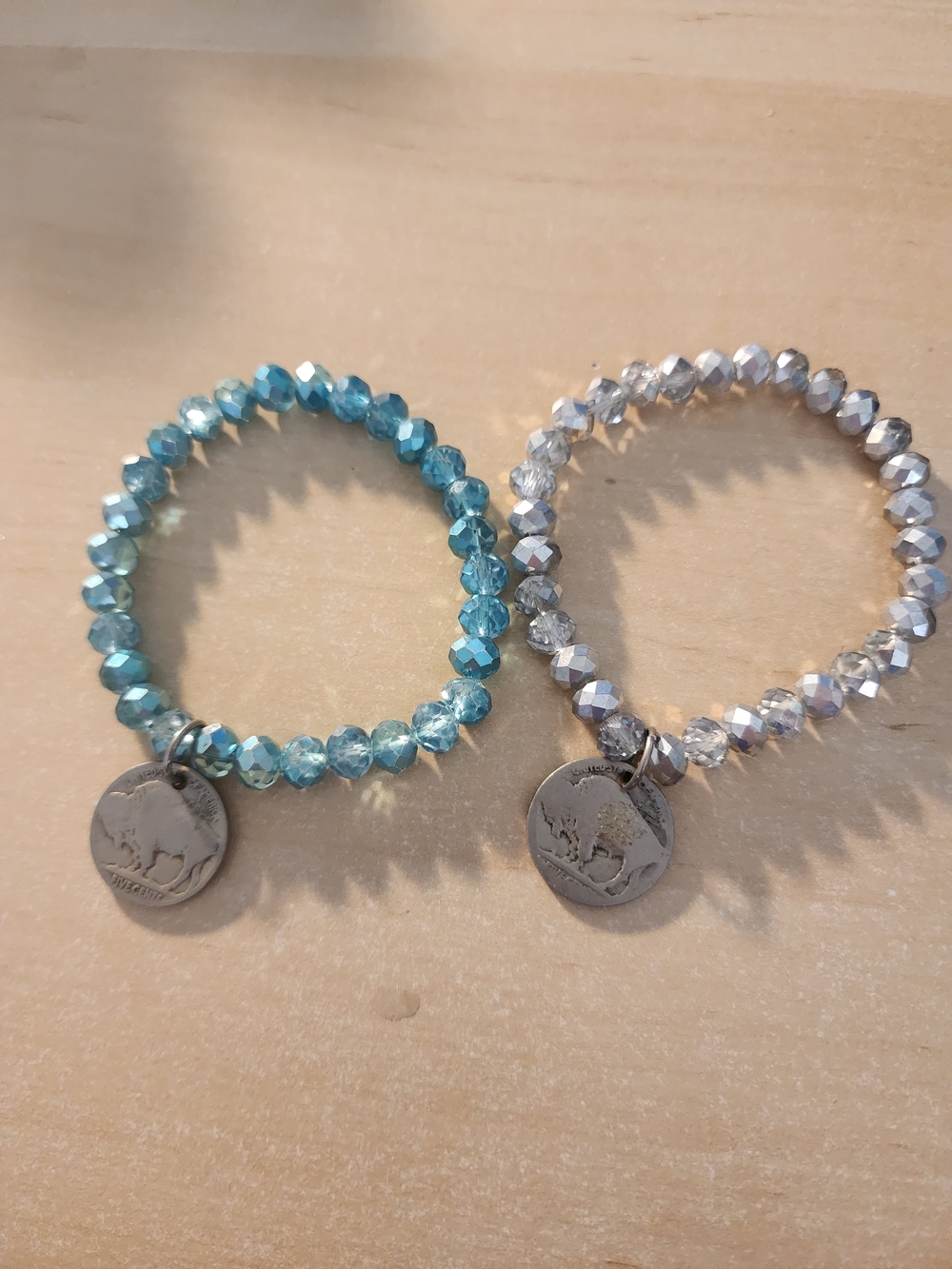 Sparkling Pair Blue and Silver Beaded Charm Bracelets - Upcycle